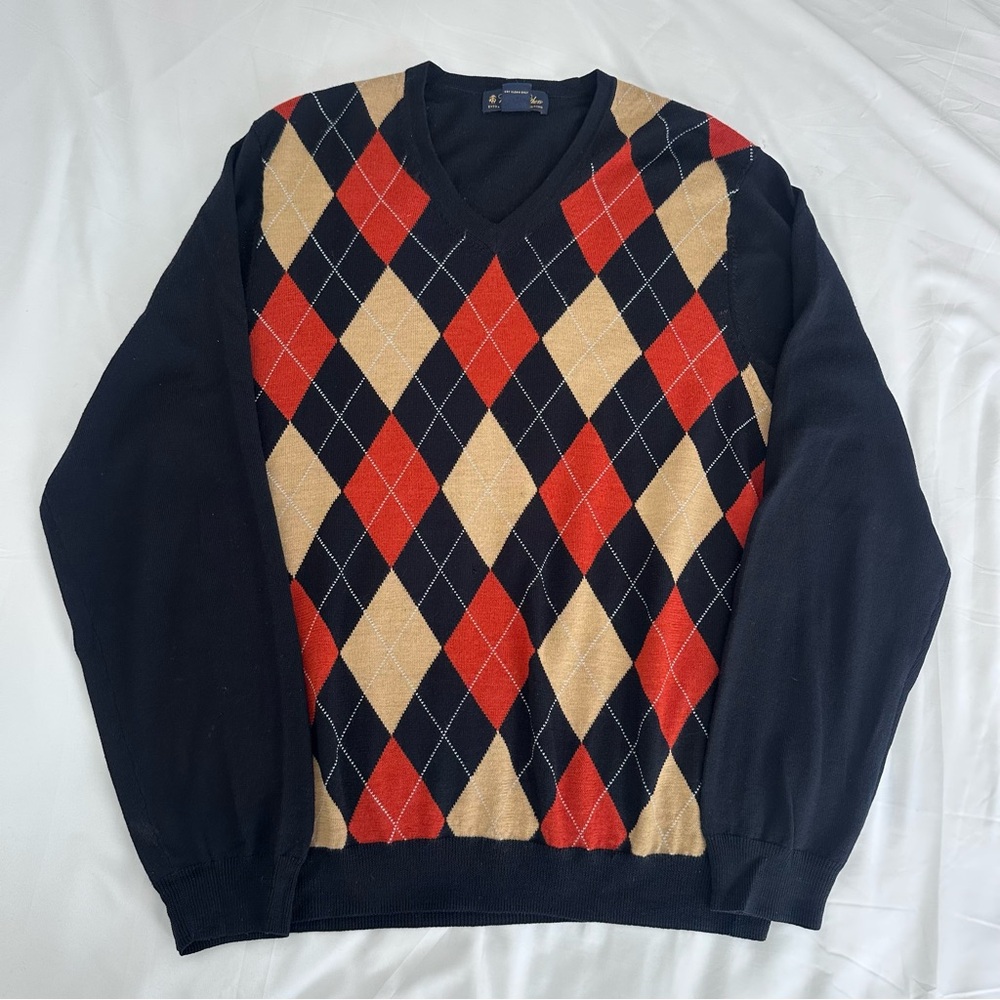 Brooks Brothers Merino Wool V‎ Neck Pull Over Sweater Red Tan Blue Men's Large